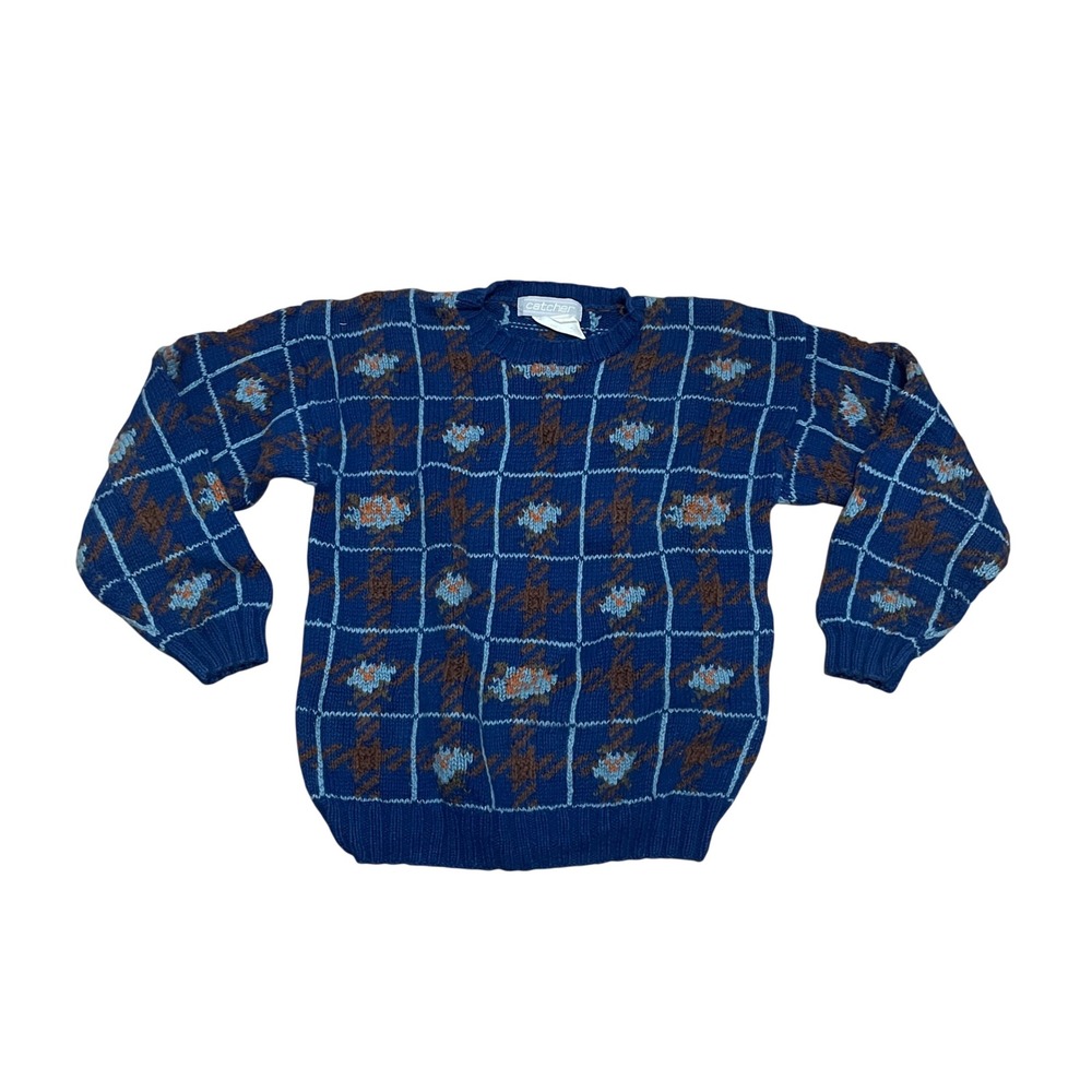 VTG Catcher 90s Women's M Blue Plaid Houndstooth Ramie Cotton Crewneck Sweate
